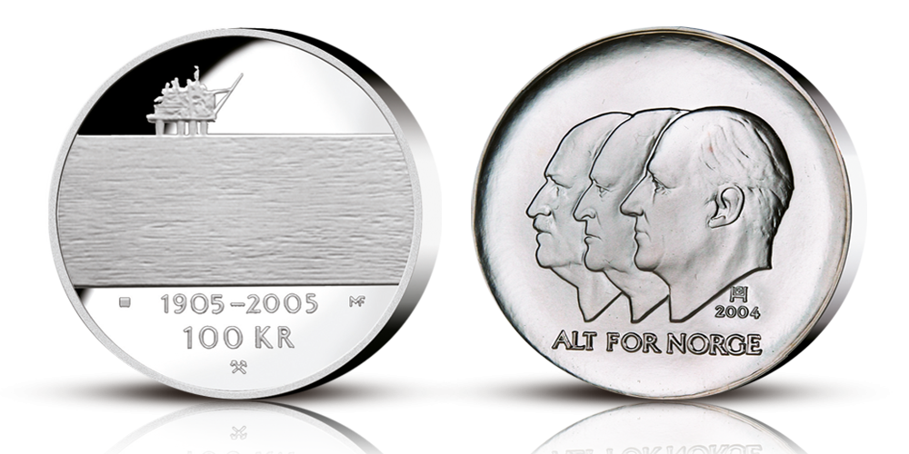 Hundreårsmynten i sølv Nr. 2. Advers side av minnemynten i sølv viser et trippelportrett av Kong Haakon VII, Olav V og Harald V med skriften Alt for Norge. Revers side av minnemynten i sølv viser en oljeplattform ute i havet og har skriften 1905 - 2005, 100 kr. Hundreårsmynten i sølv Nr. 2. Advers side av minnemynten i sølv viser et trippelportrett av Kong Haakon VII, Olav V og Harald V med skriften Alt for Norge. Revers side av minnemynten i sølv viser en oljeplattform ute i havet og har skriften 1905 - 2005, 100 kr.